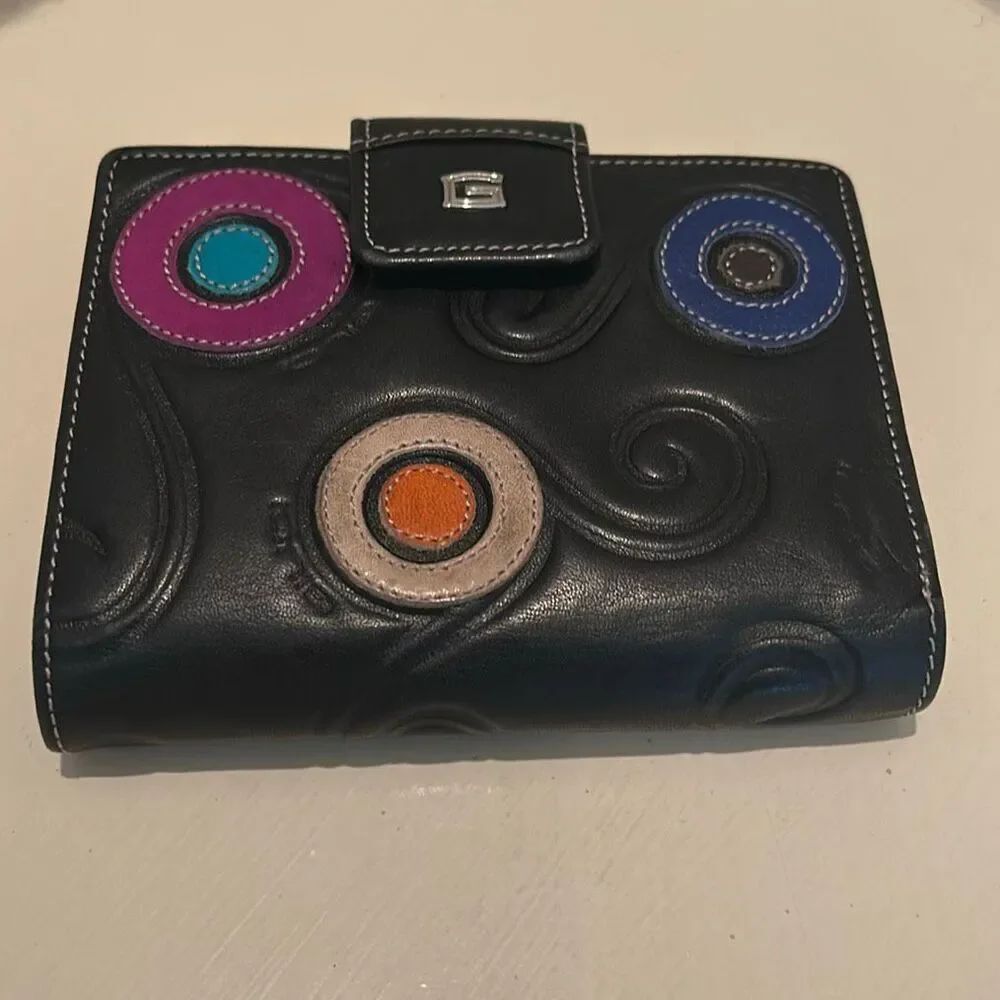 Giudi Italy Leather Wallet Black Colorful Circle Geometric Funky Travel Cardhold